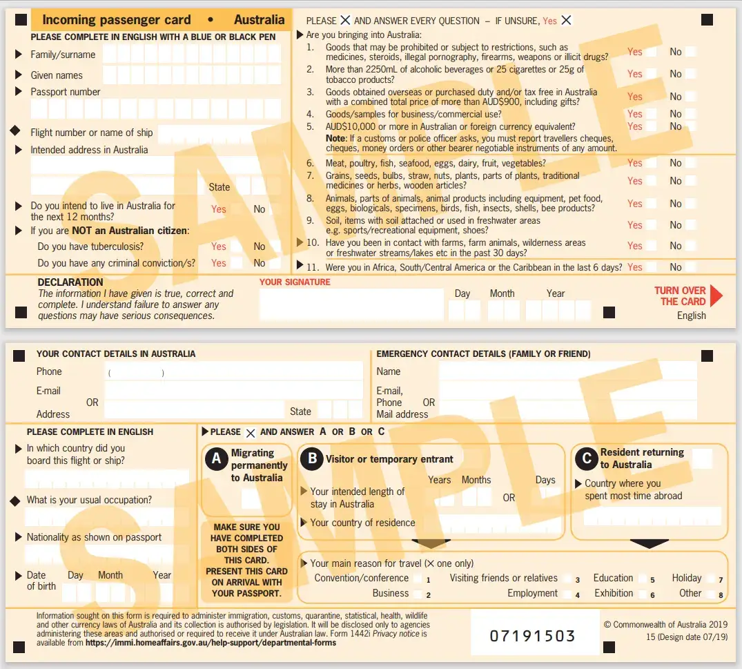 Customs Declaration Card Example - What Can I Bring Into Australia